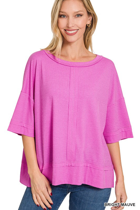 RIBBED BOAT NECK DOLMAN SLEEVE TOP W FRONT SEAM