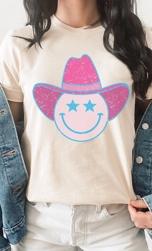 Star Cowboy Smiley Distressed Graphic Tee-Drop Ship