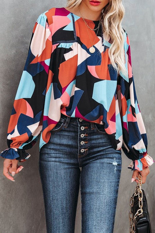 Color Block Crewneck Ruffled Puff Sleeve Blouse