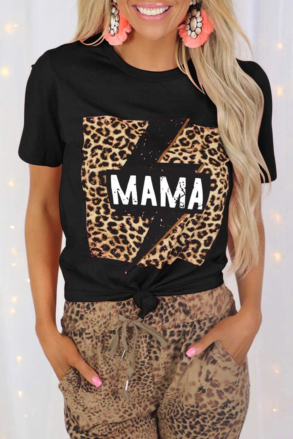 MAMA Leopard Lightning Print Graphic T-shirt