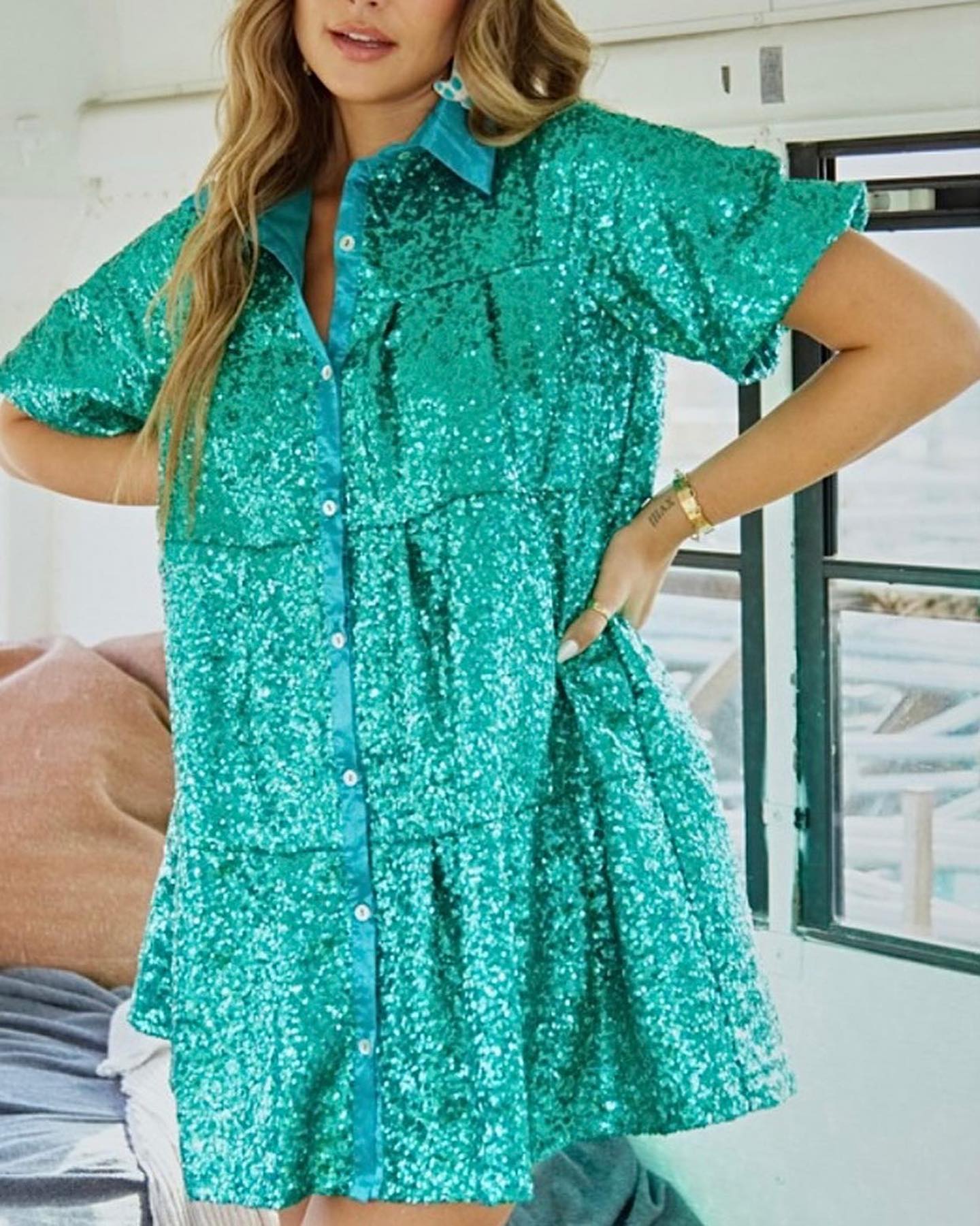 Kelly Green Sequin Shirt Dress