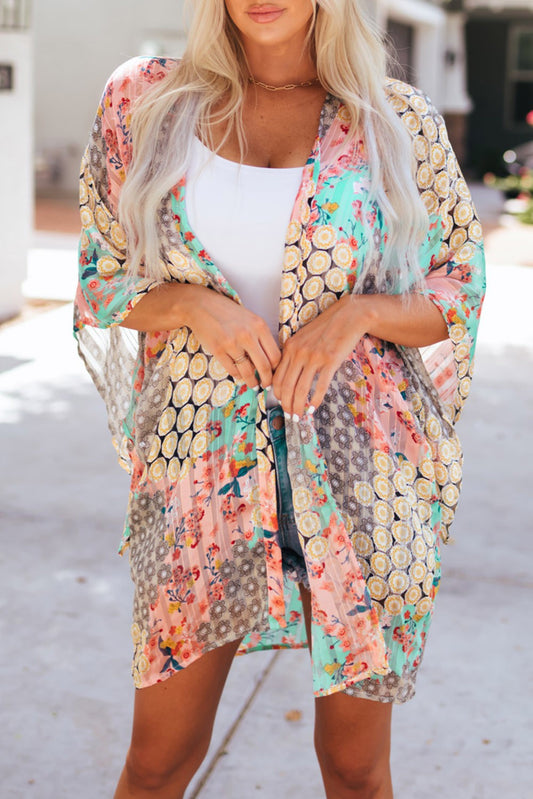 Floral Open Sheer Shimmer Kimono