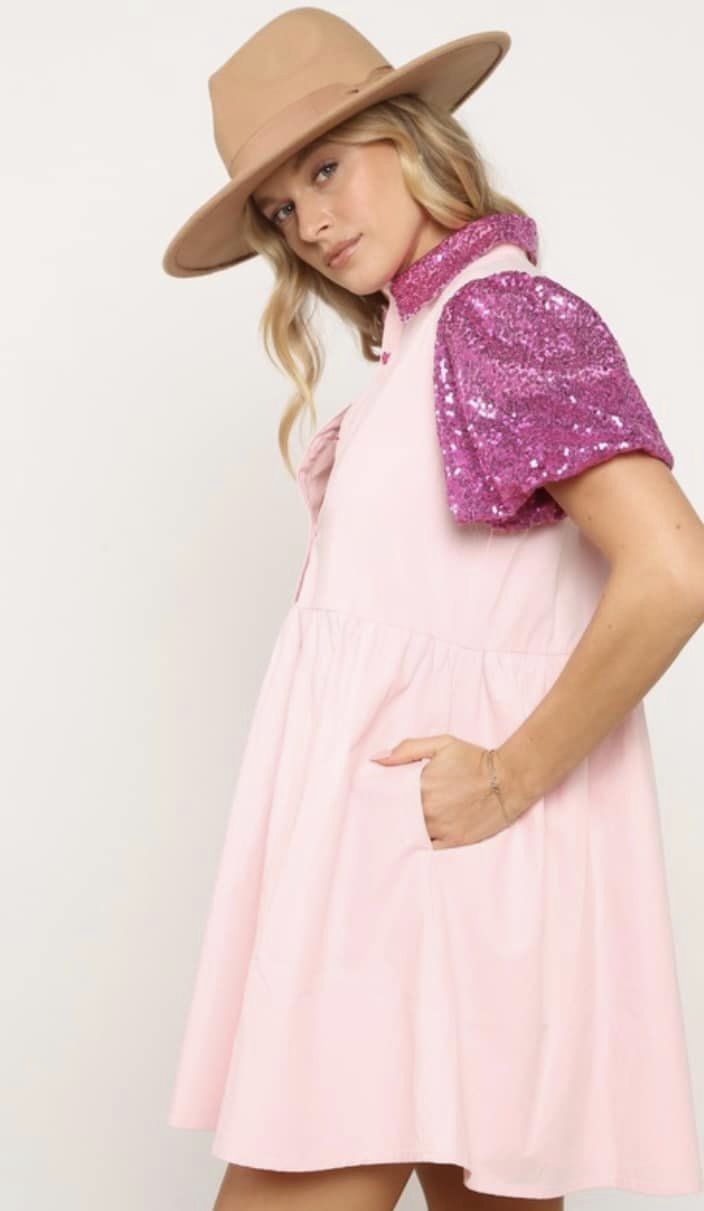 Let's Go Girls Pink Sequin Babydoll Dress