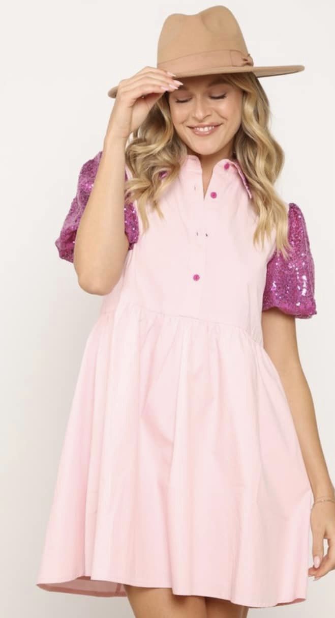 Let's Go Girls Pink Sequin Babydoll Dress