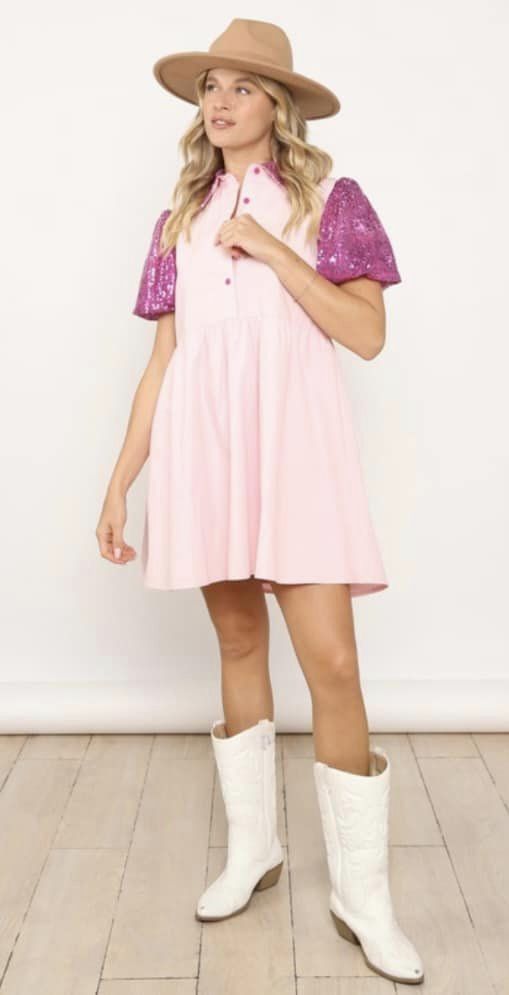 Let's Go Girls Pink Sequin Babydoll Dress