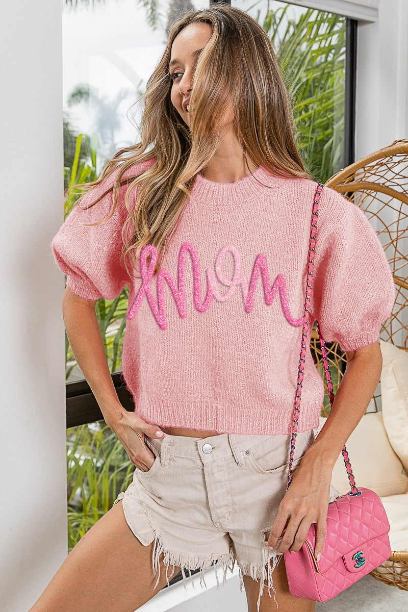 "MOM" METALLIC LETTER SHORT PUFF SLEEVE SWEATER TOP