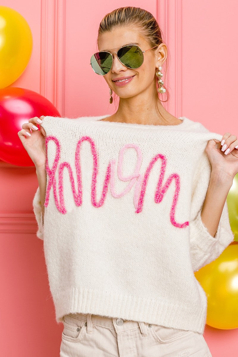 "MOM" METALLIC LETTER SHORT PUFF SLEEVE SWEATER TOP