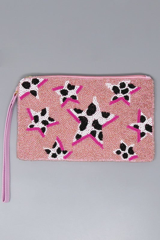 Cow Print Star Seed Beaded Wristlet