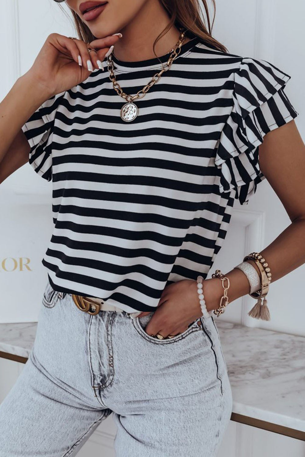 White Stripe Print Tiered Ruffled Sleeve Tee