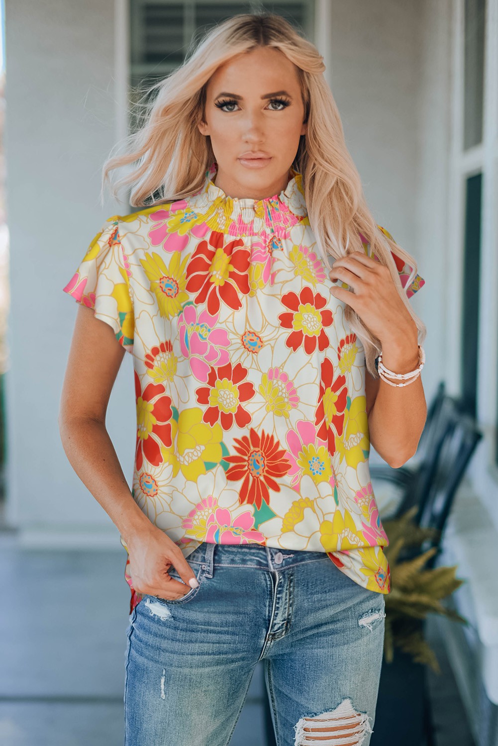 Multicolor Stand Collar Flutter Sleeves Floral Top