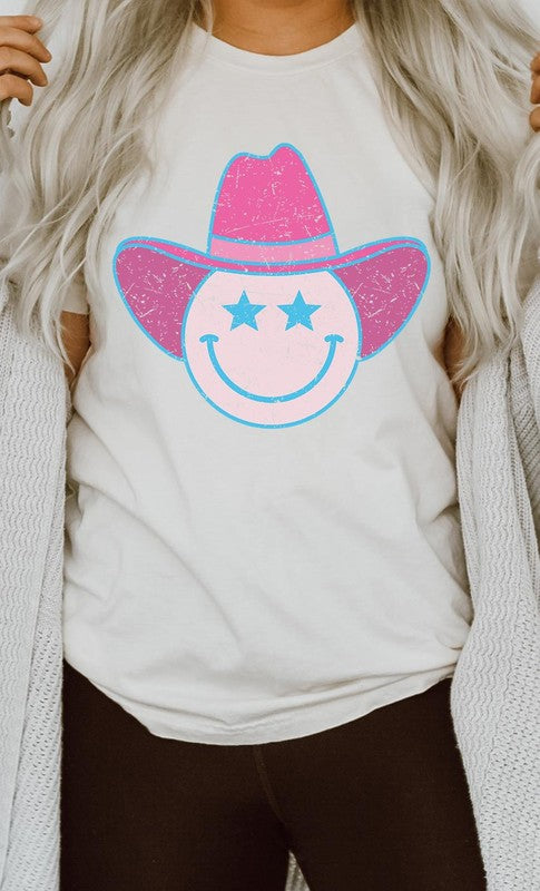 Star Cowboy Smiley Distressed Graphic Tee-Drop Ship