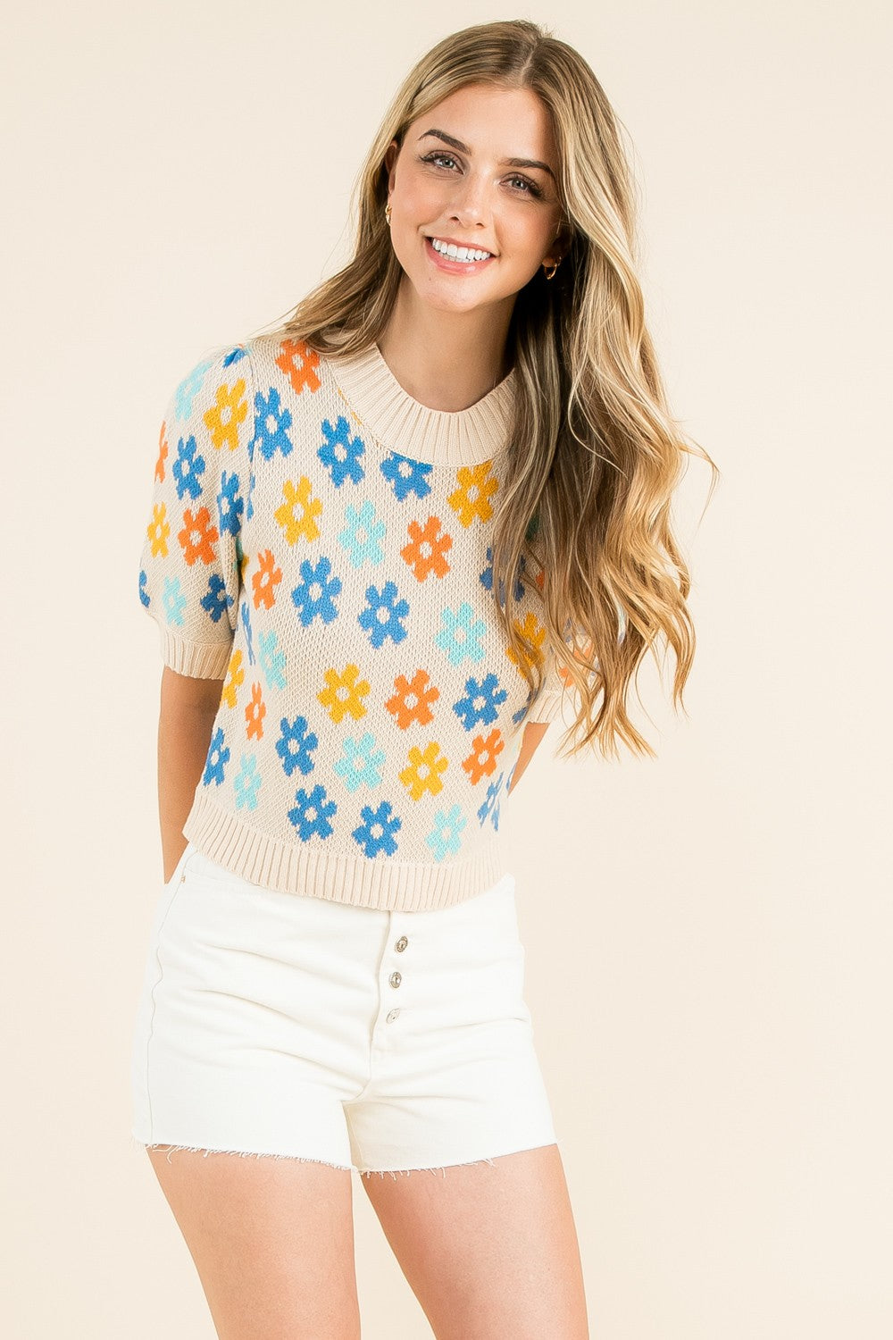 Flower Rib Knit Short Sleeve Top