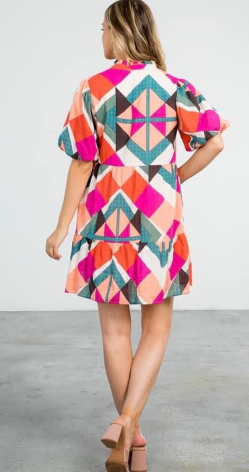 GEO PRINT TIERED DRESS