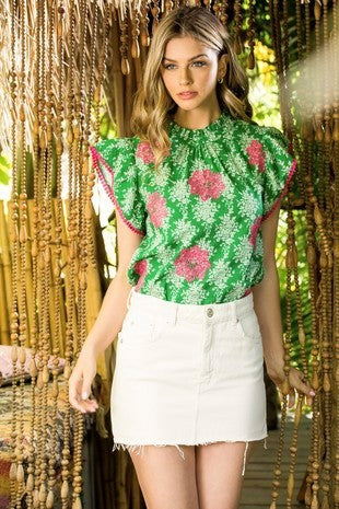 Flutter Sleeve Embroidered Print Top- Green