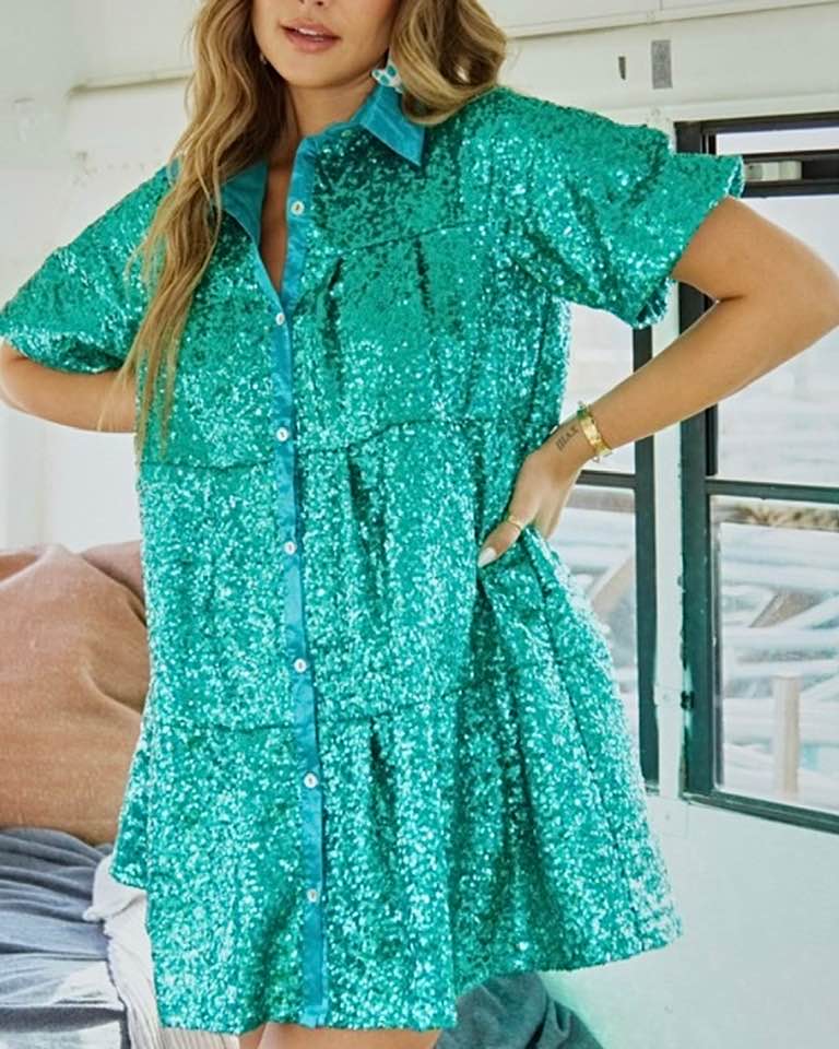 Kelly Green Sequin Shirt Dress