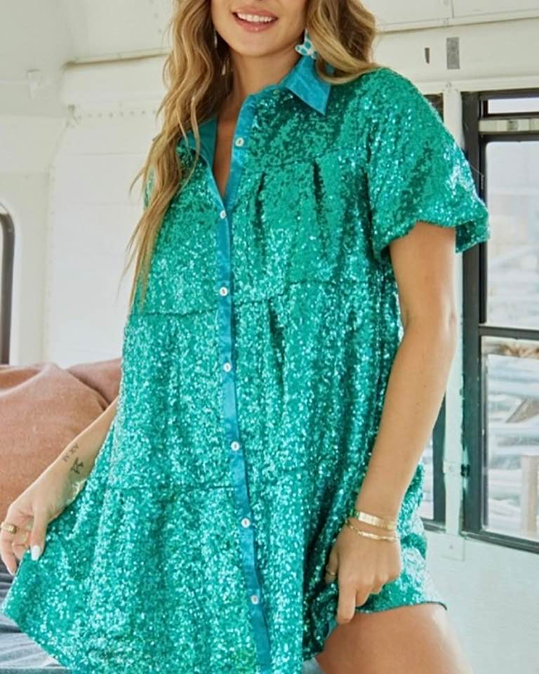 Kelly Green Sequin Shirt Dress