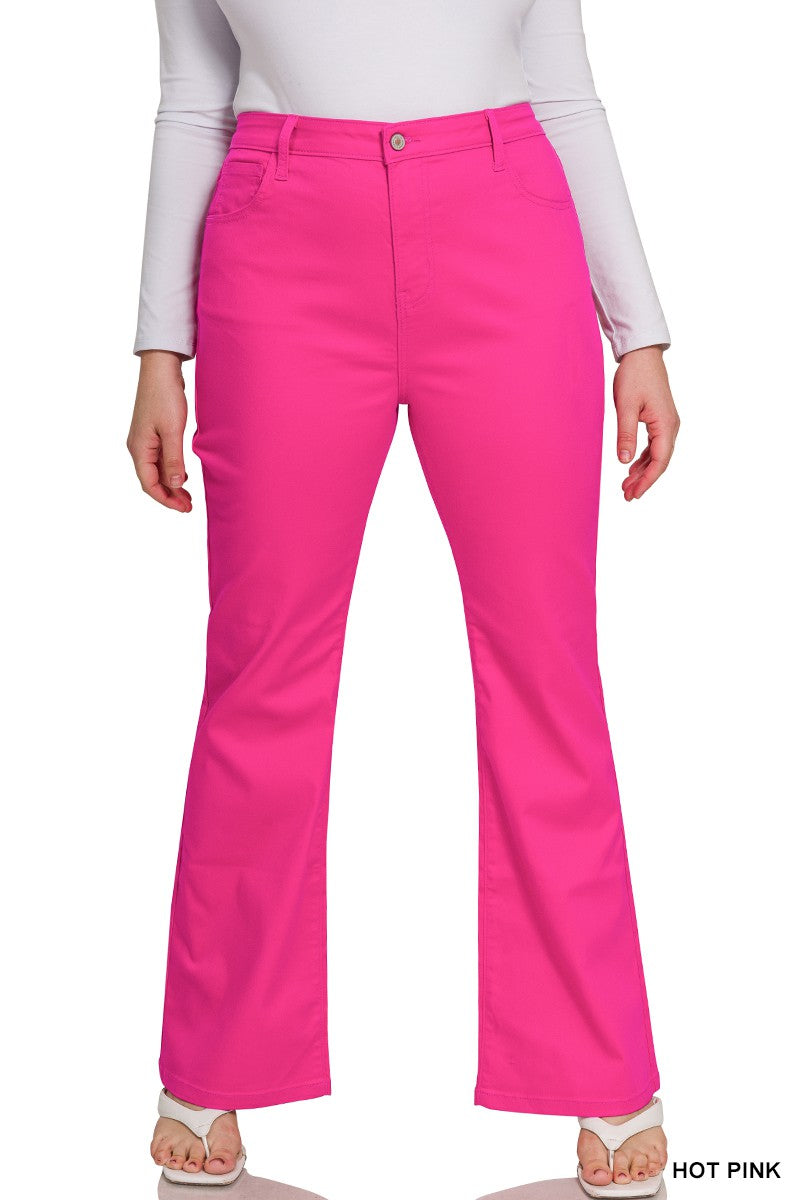 Plus High Rise Flare Jeans- Hot Pink