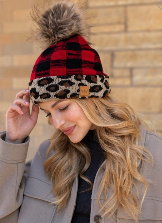 Red Buffalo Plaid with Leopard Trim Knit Hat with Pom Detail Fleece Lined