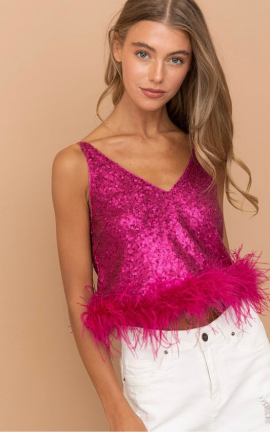 Sequin Shiny Crop Feather Tank Cami