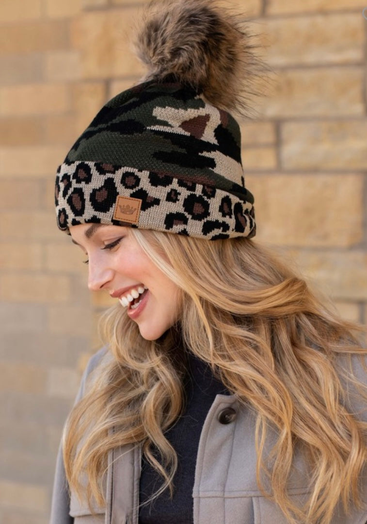 Green Camo w/Leopard Trim Knit Hat w/Pom Detail