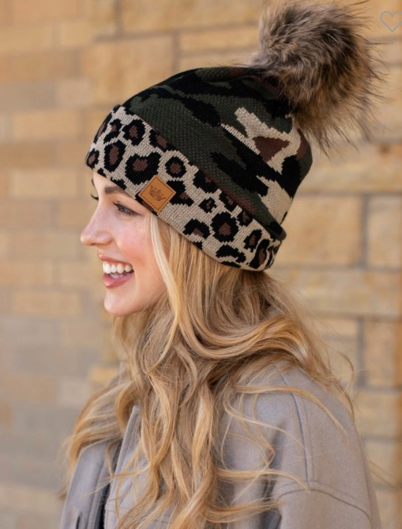 Green Camo w/Leopard Trim Knit Hat w/Pom Detail