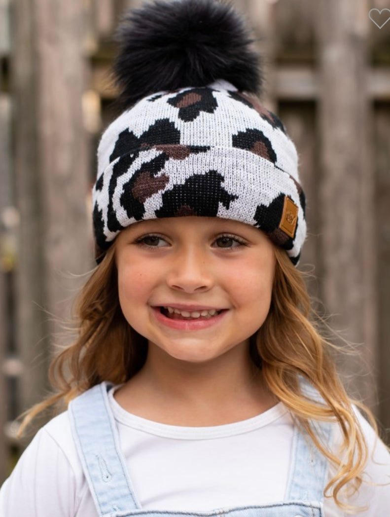 Kids white Leopard Knit Hat with Black Pom accent Fleece Lined