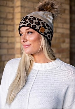 Tan Camo with Leopard Trim Knit Hat with Pom Detail