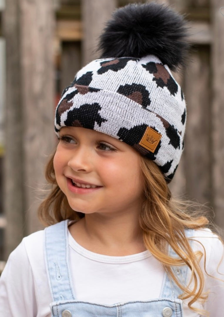 Kids white Leopard Knit Hat with Black Pom accent Fleece Lined