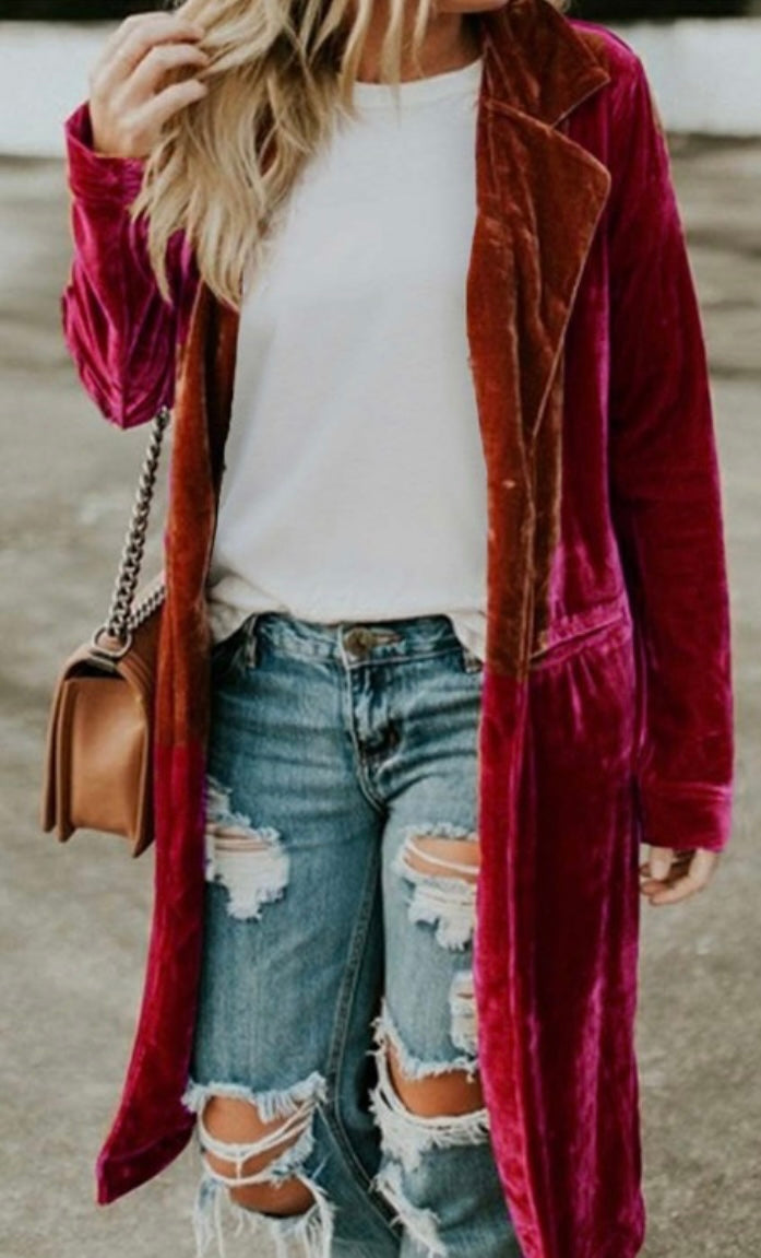 Red-Retro Velvet Long Sleeve Pocket Coat