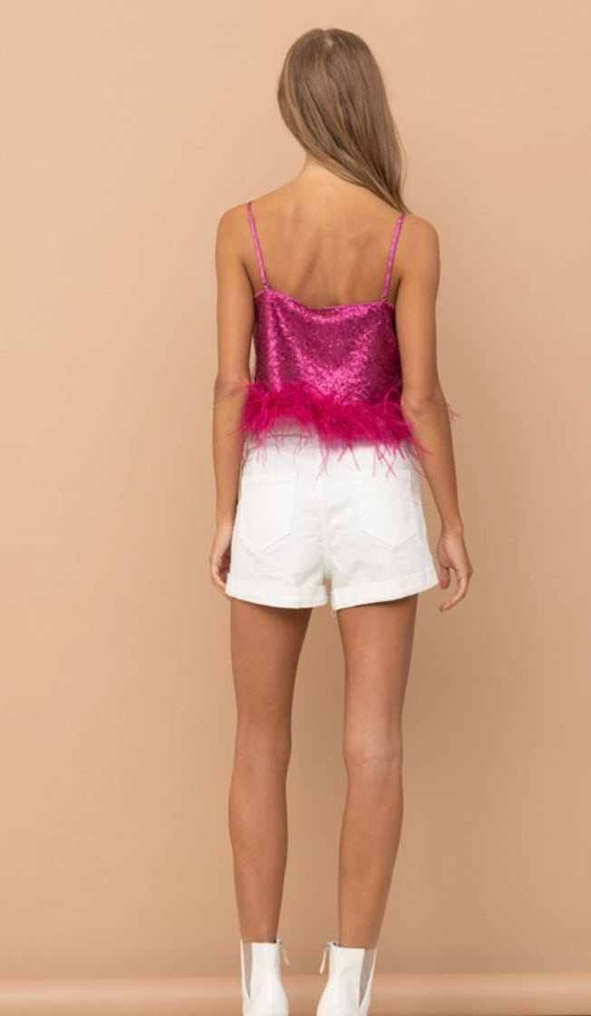 Sequin Shiny Crop Feather Tank Cami