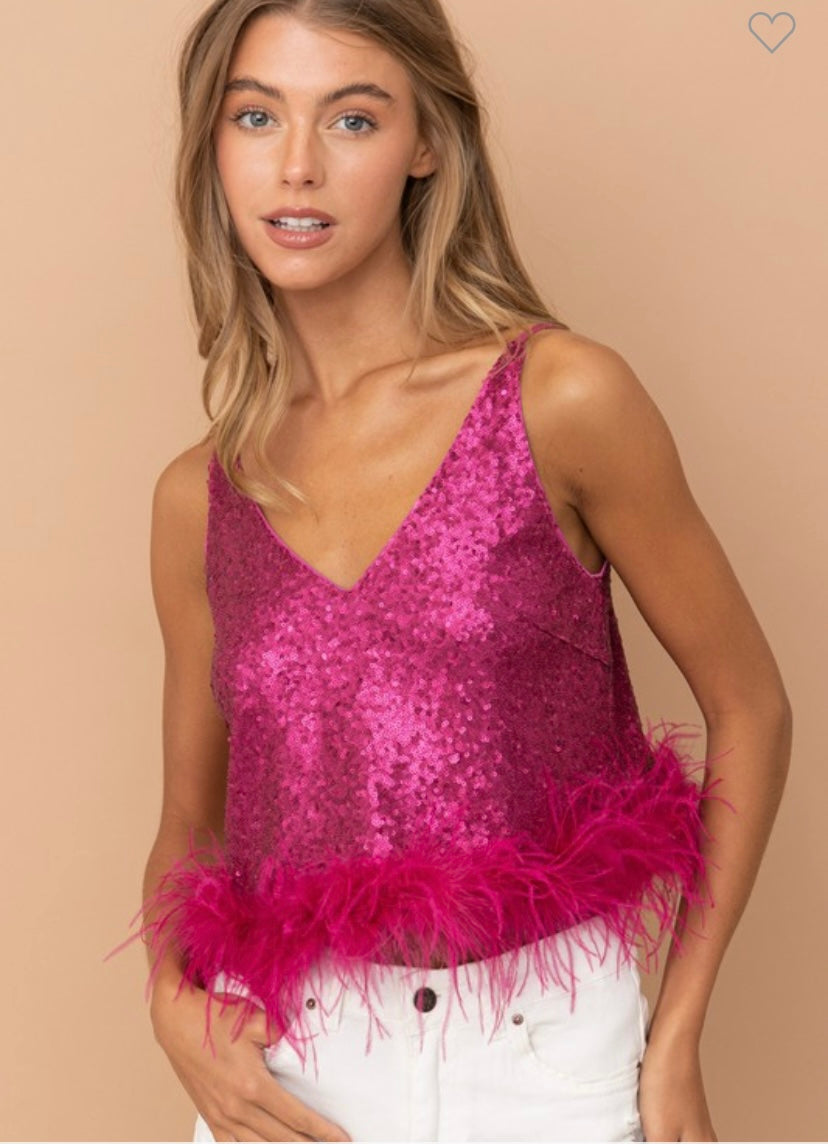 Sequin Shiny Crop Feather Tank Cami