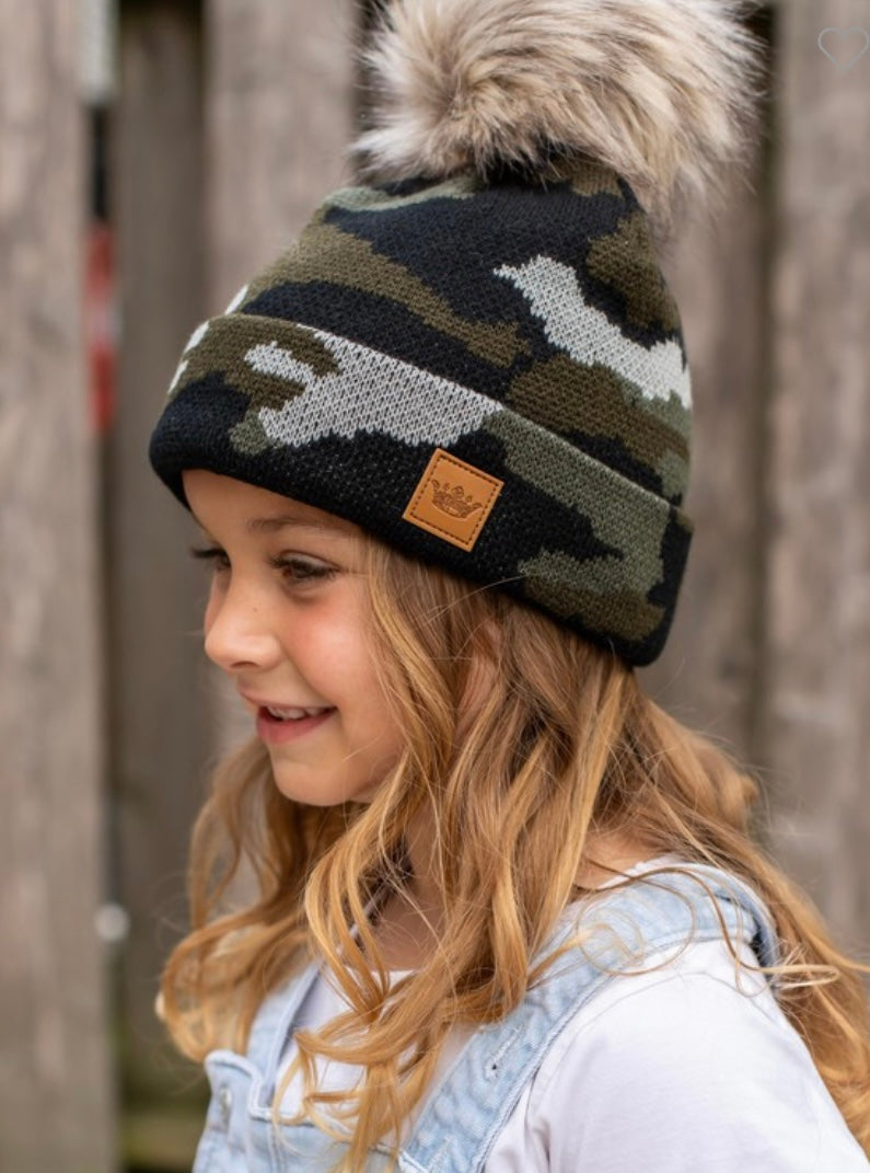 Kids Green Camo Knit Hat with Pom