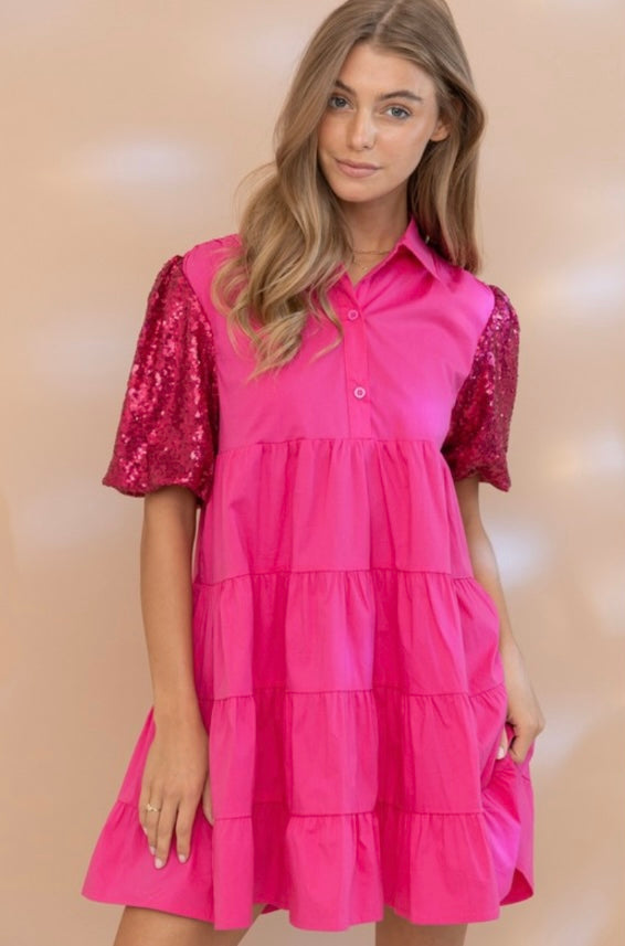 Sequin Barbie Puff Sleeve Dress