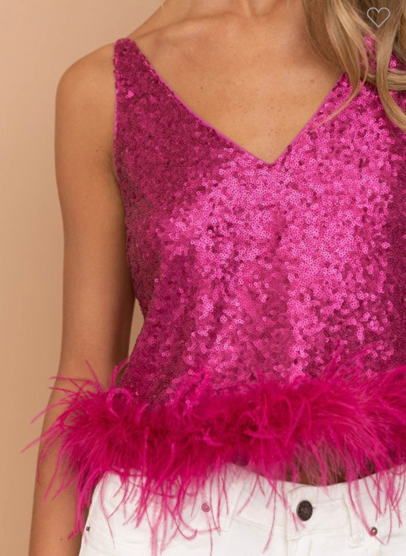 Sequin Shiny Crop Feather Tank Cami