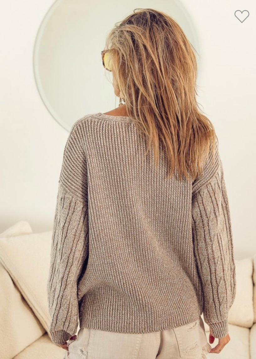 Khaki cable knit v-neck sweater