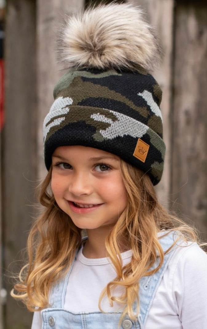 Kids Green Camo Knit Hat with Pom