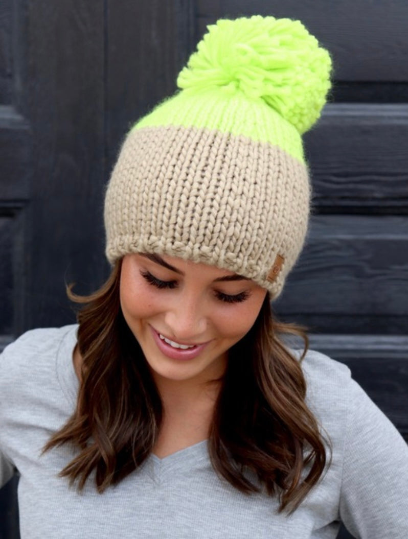 Neon Green & Tan Color Block Knit Hat