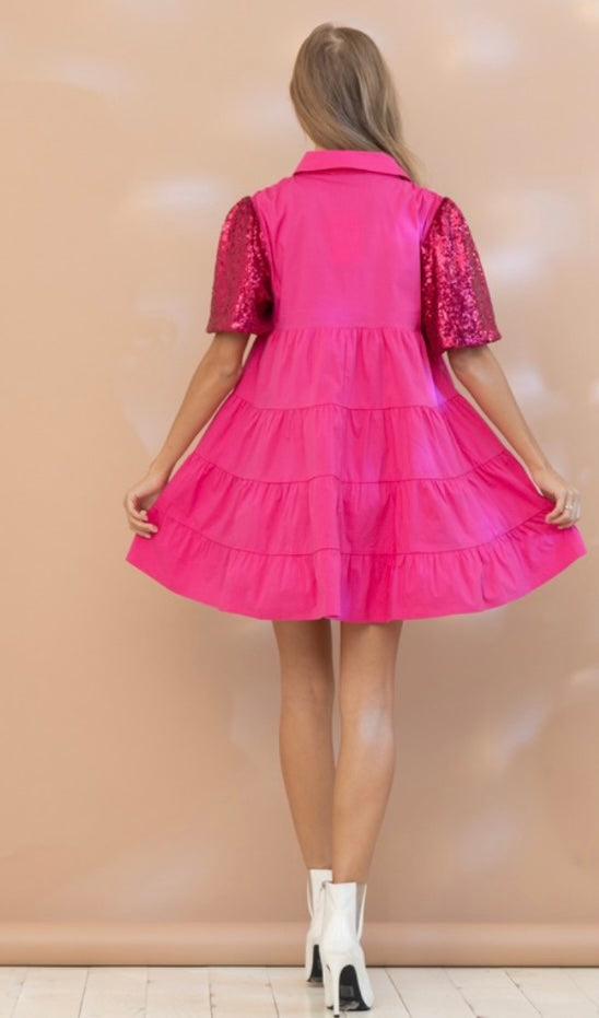 Sequin Barbie Puff Sleeve Dress