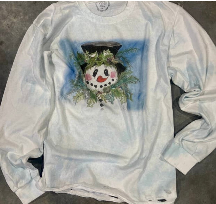 Happy Snowman long sleeved distressed Tee