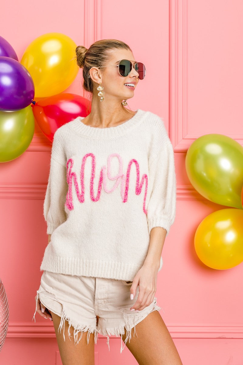 "MOM" METALLIC LETTER SHORT PUFF SLEEVE SWEATER TOP