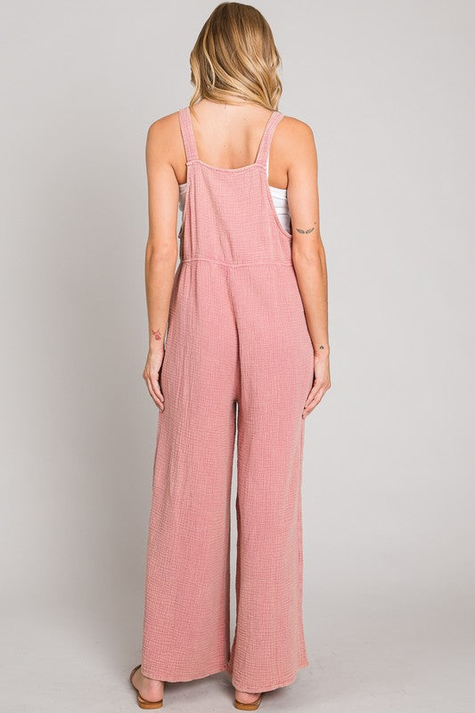 WASHED GAUZE OVERALL-Pink