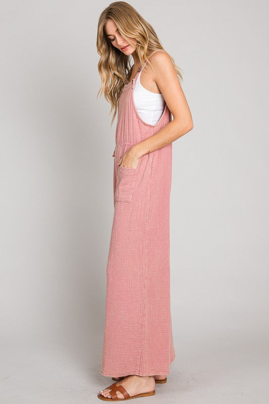 WASHED GAUZE OVERALL-Pink