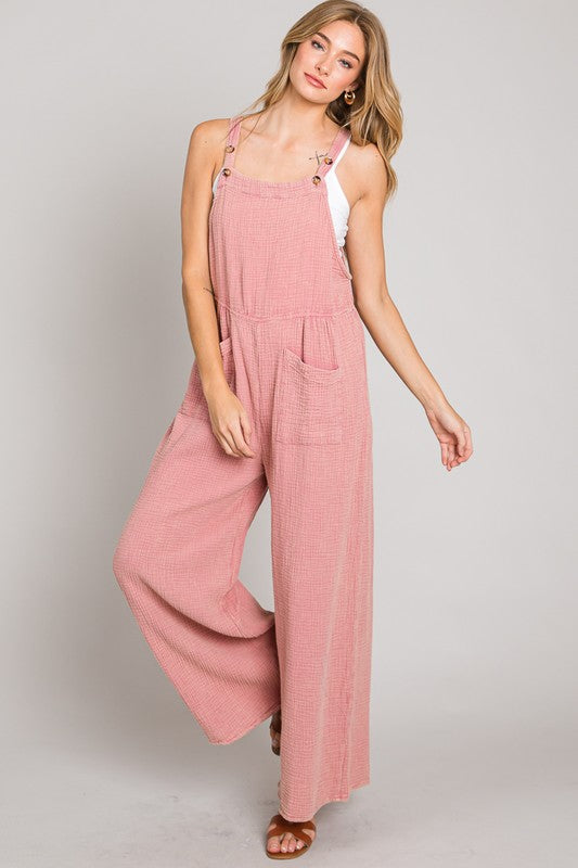 WASHED GAUZE OVERALL-Pink