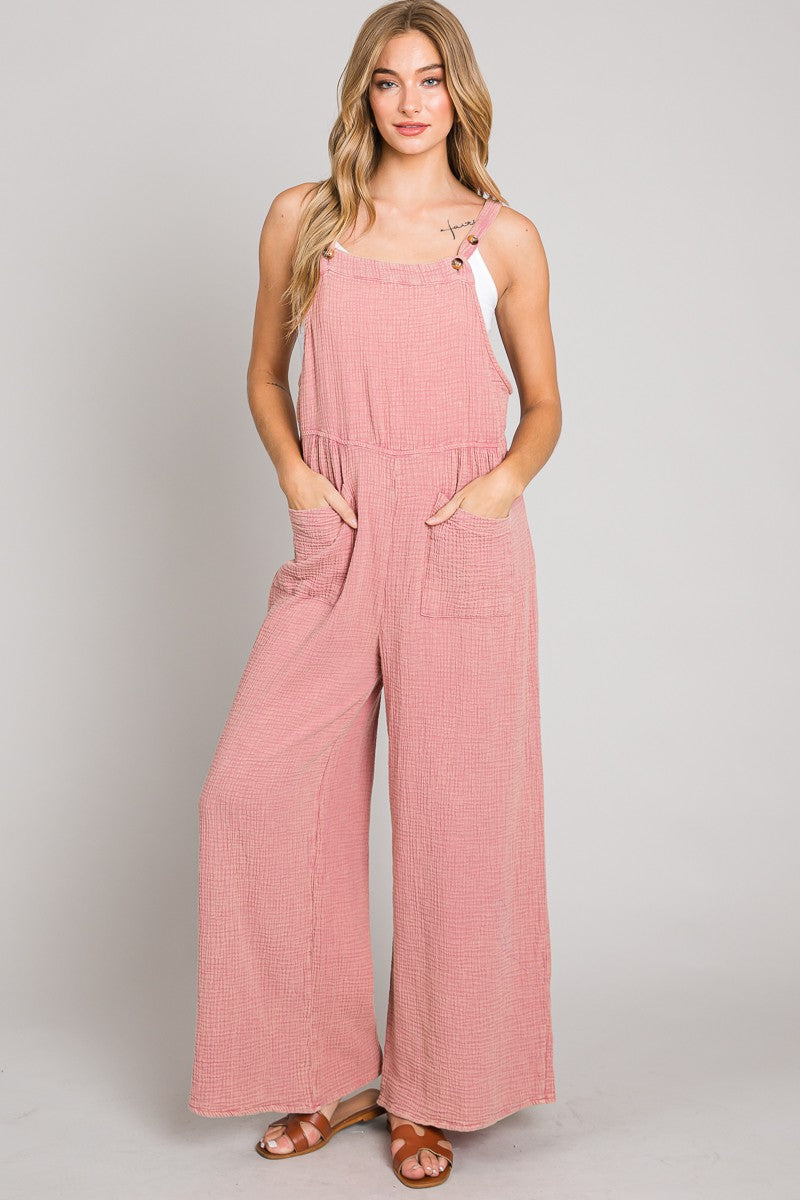 WASHED GAUZE OVERALL-Pink