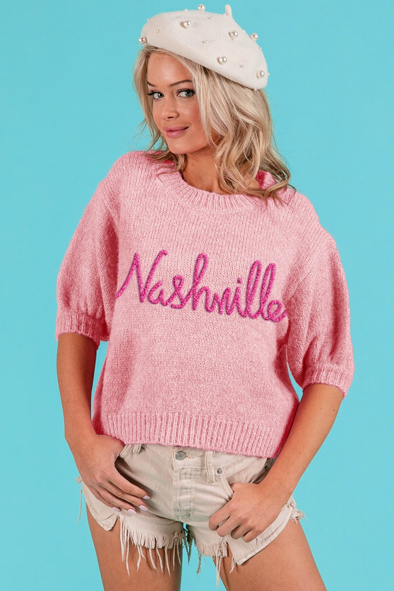 "NASHVILLE" METALLIC LETTER SHORT PUFF SLEEVE SWEATER