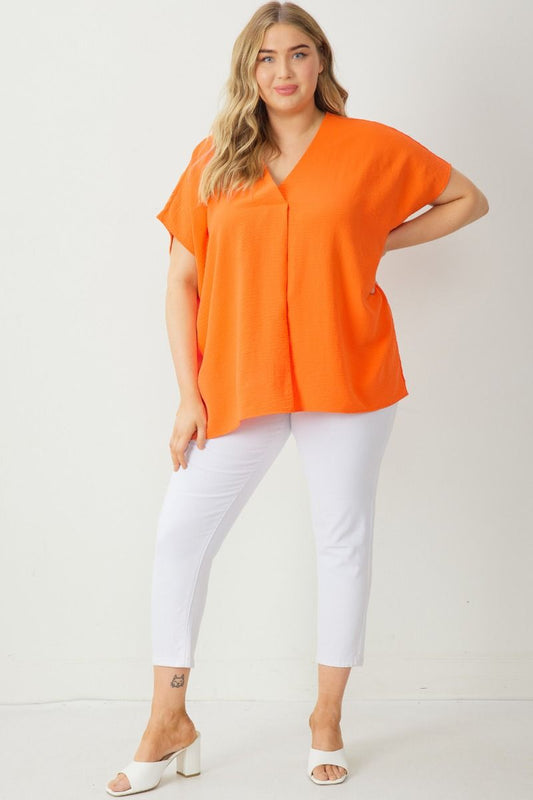 Solid Short Sleeve V-Neck Orange