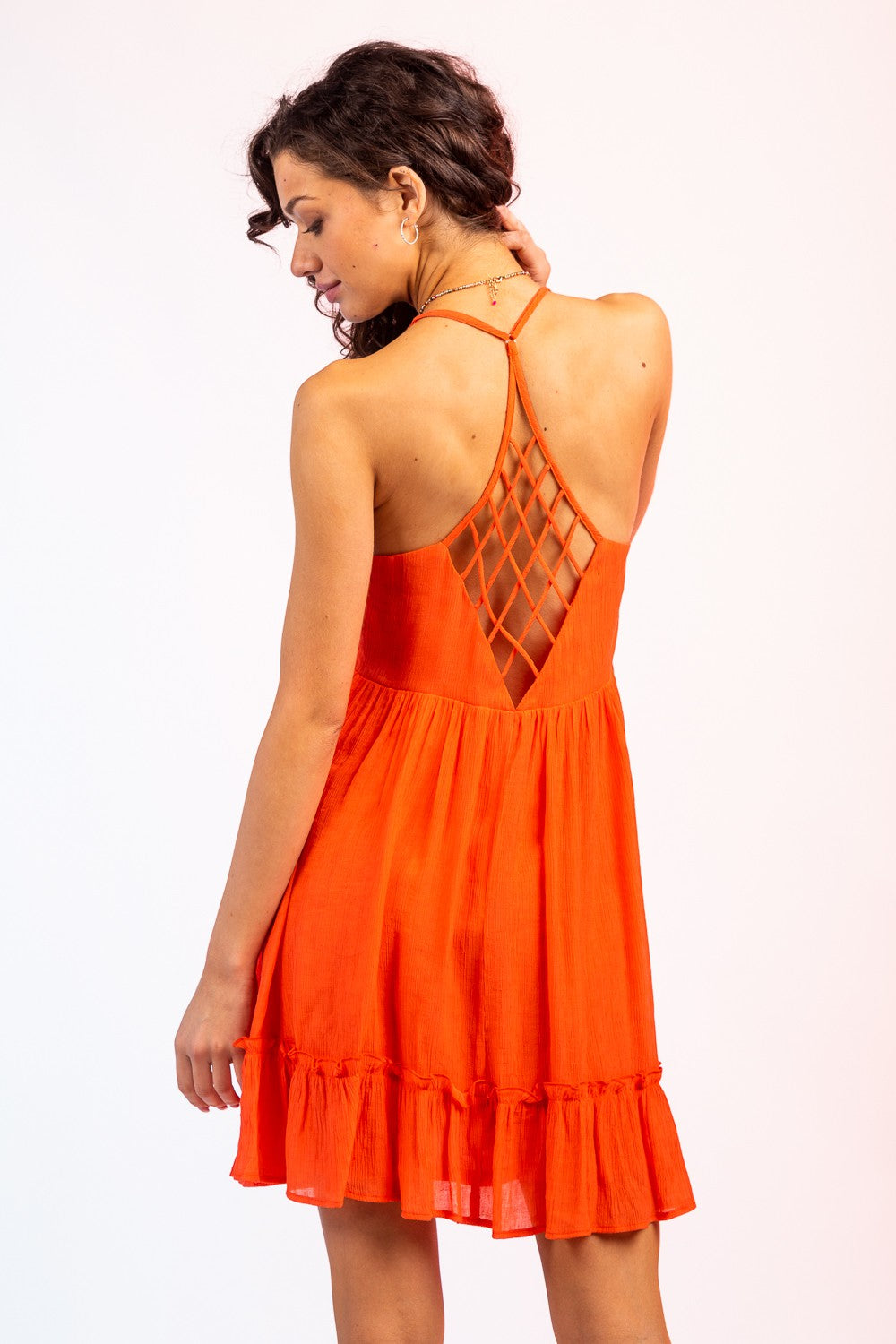 Sleeveless Woven Lattice Open Back Mini Dress