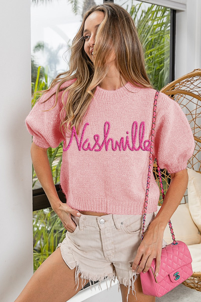 "NASHVILLE" METALLIC LETTER SHORT PUFF SLEEVE SWEATER