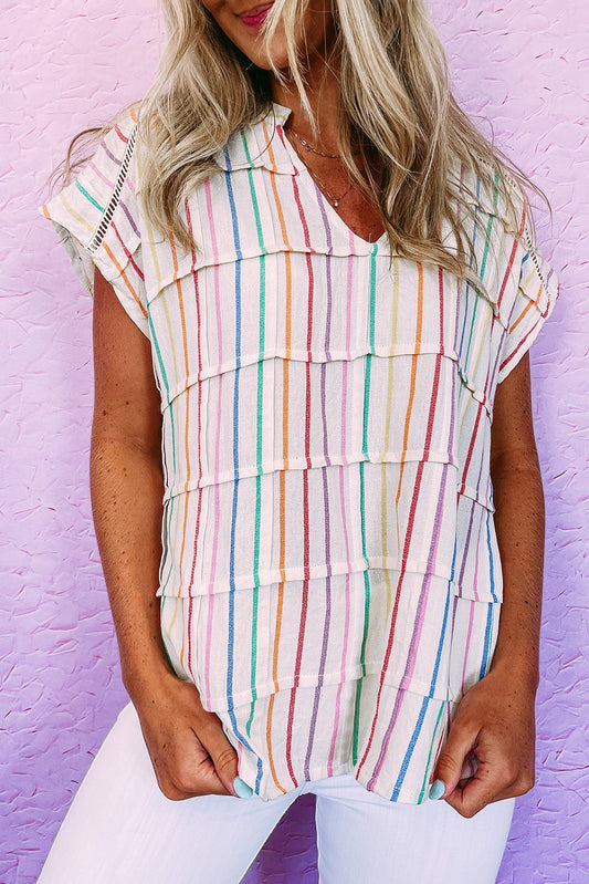 Multicolor Striped Pintuck Tiered Blouse