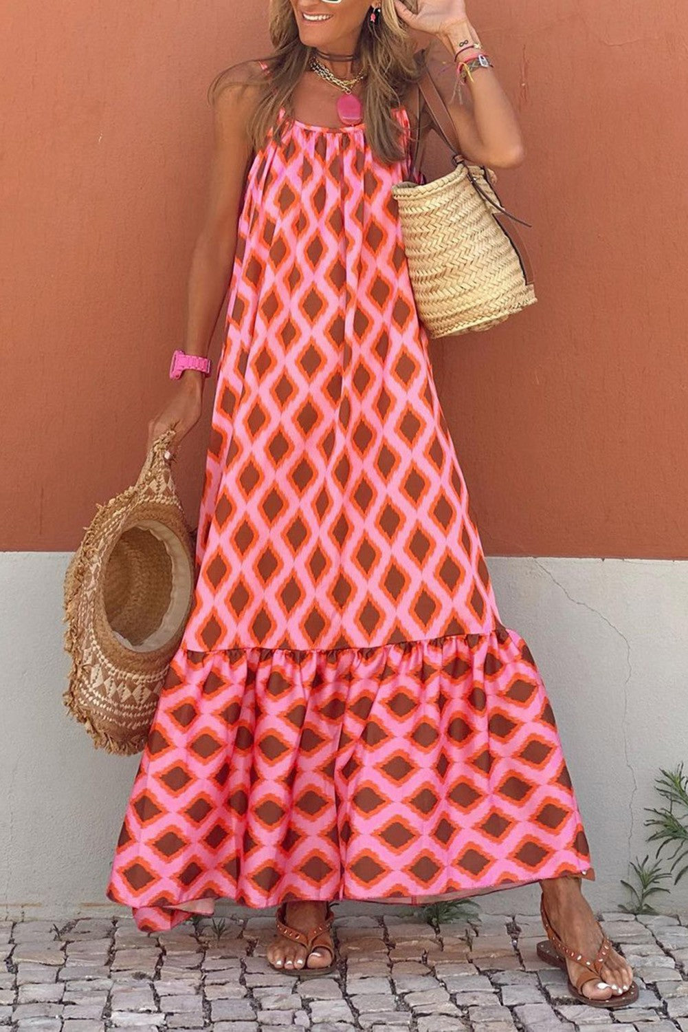 Red Geometric Print Loose Fit Maxi Dress